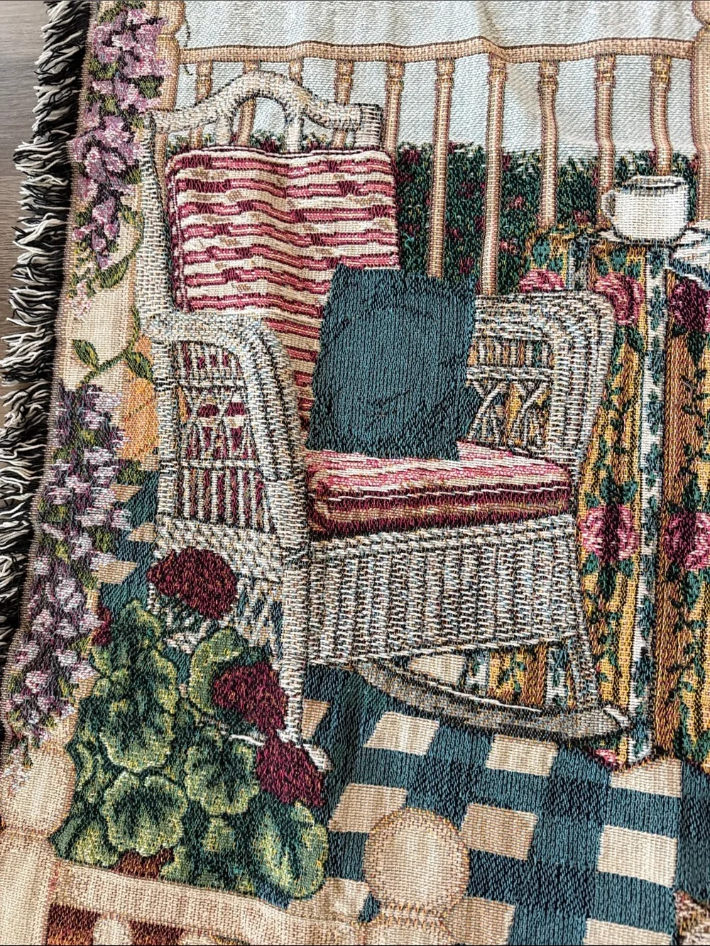 Cozy Porch Tapestry Throw Blanket with Floral and Wicker Chair Scene